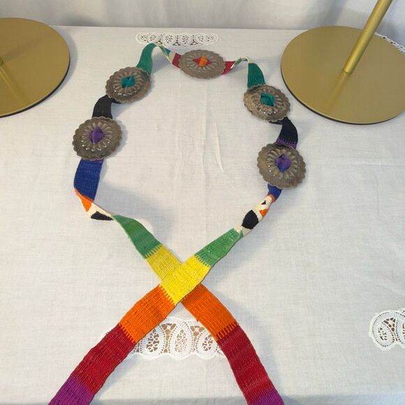 Vintage Handwoven Rainbow Belt with Silver Conchos | Southwestern Artisan Boho C - Picture 11 of 16